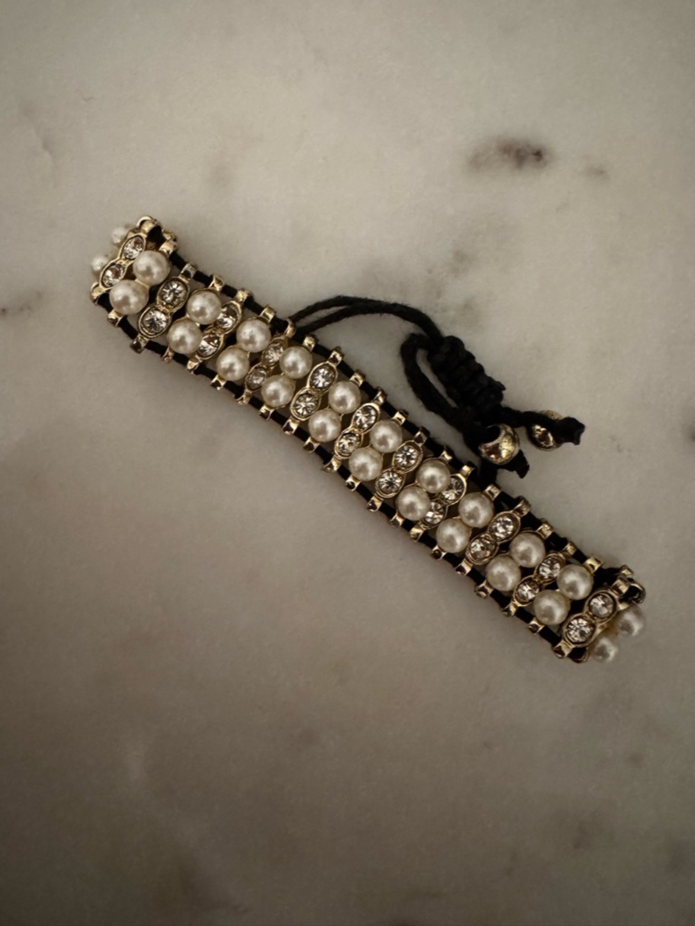 Chan Luu Gold plated Pearl and Crystal Adjustable Bracelet on black suede strap